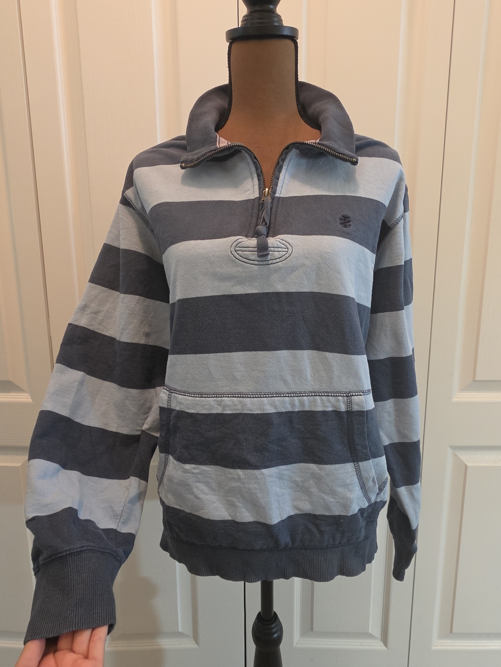 IZOD Luxury Sport Rugby Stripe Quarter Zip Pullover Blue L Unisex